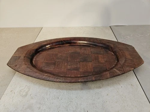 Mid Century Danish Teak Oval Parquet Serving Platter Tray
