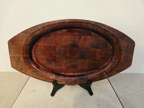 Mid Century Danish Teak Oval Parquet Serving Platter Tray - photo 2