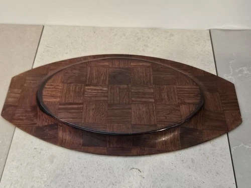 Mid Century Danish Teak Oval Parquet Serving Platter Tray - photo 5