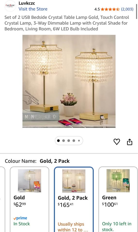 Gold Crystal Table Lamps (Set) with Charging Ports - photo 5