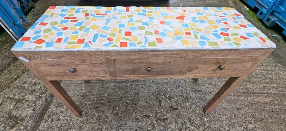 Solid wood table with mosaic top, 3 drawers 47Lx33wx16D
