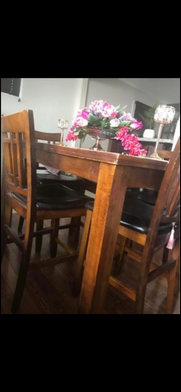 Extendable Bar Height Table with 8 Solid Wood Chairs