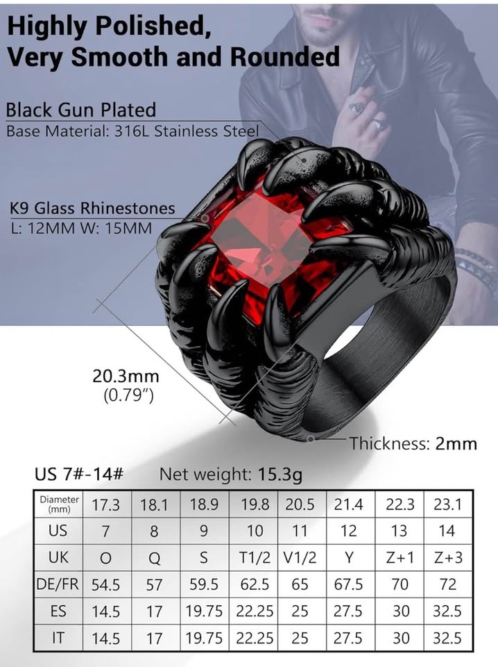 Mens Dragon Claw Gothic Biker Ring - 316L Stainless Steel - photo 3