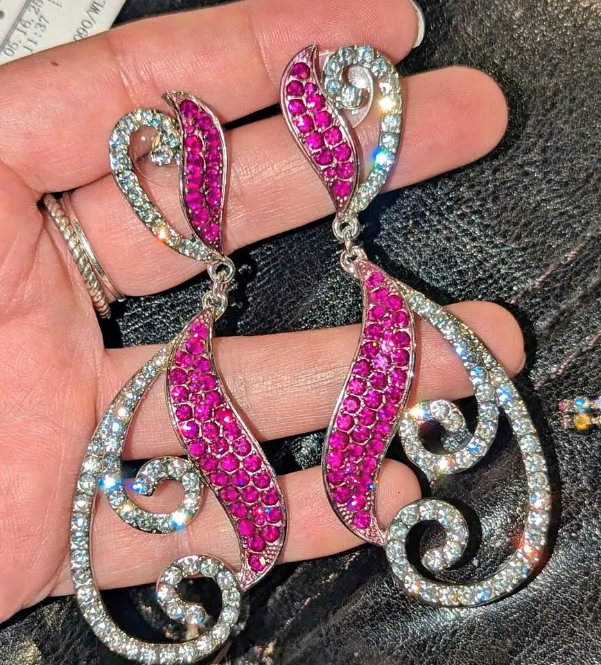 Vintage-Style Pink & White Rhinestone Statement Earrings thumbnail