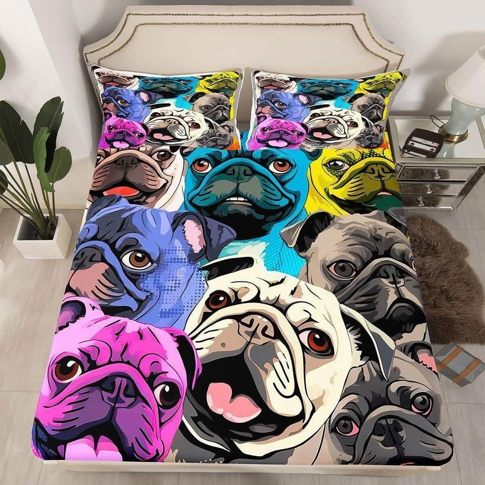 Feelyou Pug Printed Bed Sheet Set 4Pcs Queen