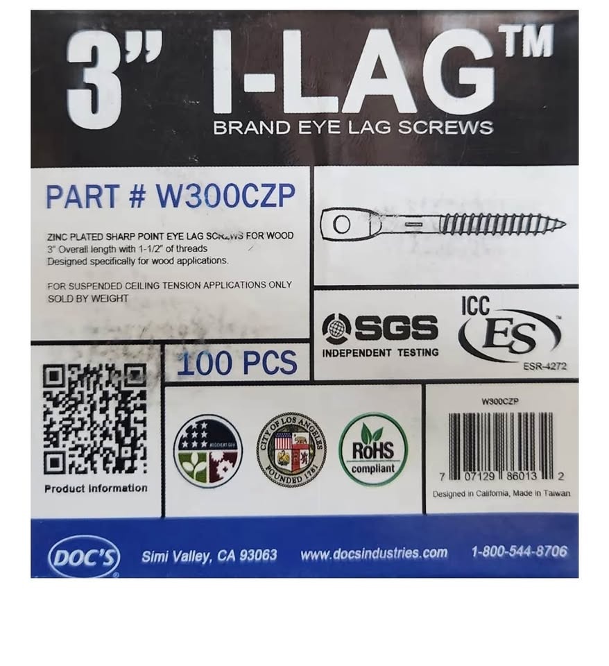 Doc's Industries W300CZP 3" Eye Lag Screws for Wood Zinc Plated - photo 2