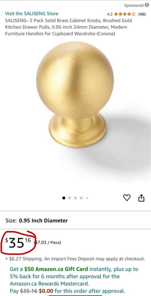 5 Pack Solid Brass Cabinet Knobs - Brushed Gold - photo 3