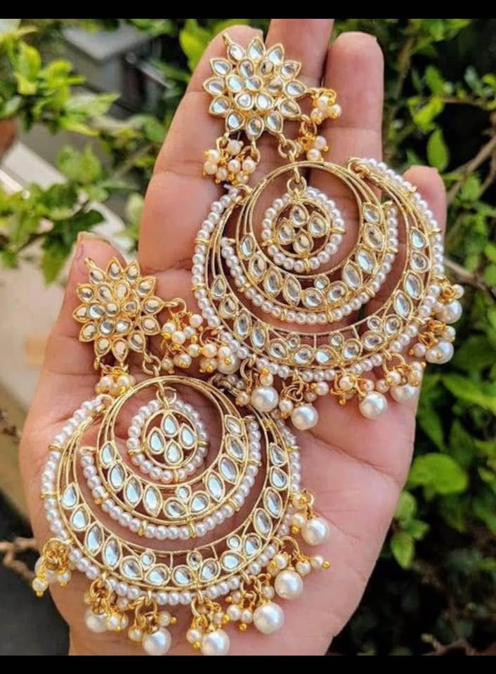18K Gold Plated Jhumka Earrings with Kundan & Pearl - photo 2