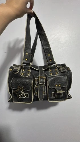 Vintage Danier Leather Satchel Bag - Black Pebbled Y2K