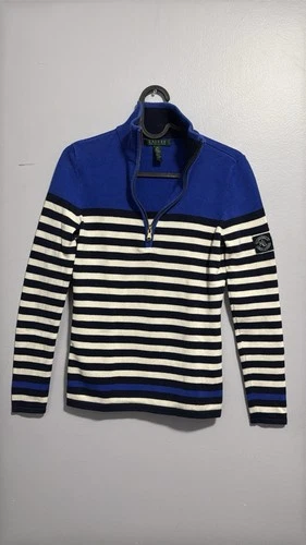 Ralph Lauren Womens 100% Cotton 1/4 Zip Sweater XS Blue White St