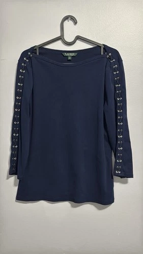 Lauren Ralph Lauren Navy Blue Boat Neck Top Lace-Up Sleeves L