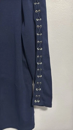 Lauren Ralph Lauren Navy Blue Boat Neck Top Lace-Up Sleeves L - photo 3