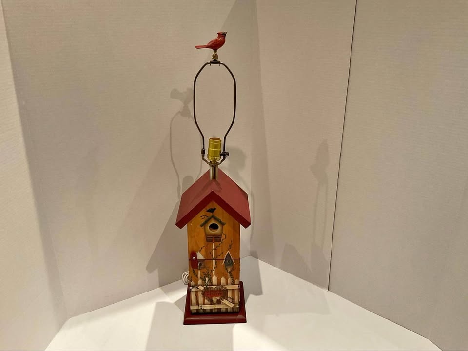 Table Lamp Handpainted Birdhouse Lamp with Cardinal Finial