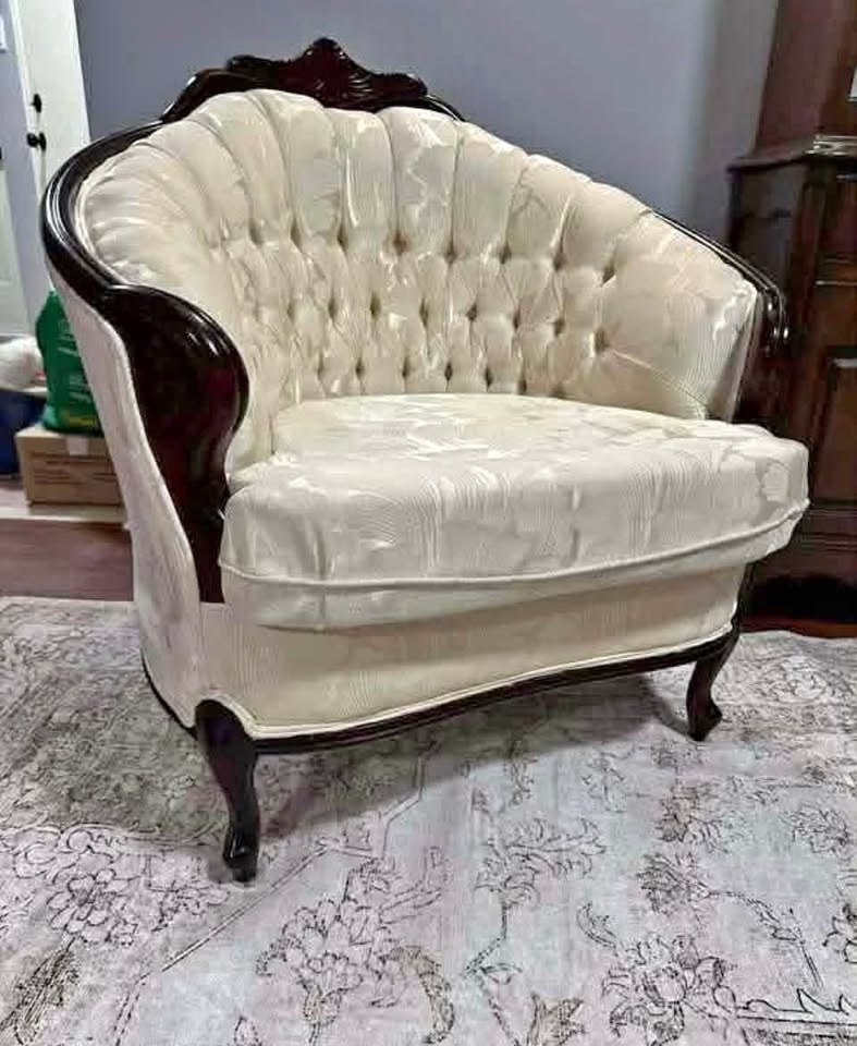 Vintage French Provincial Carved Wood Cream Armchair & Loveseat