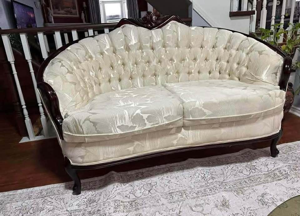 Vintage French Provincial Carved Wood Cream Armchair & Loveseat - photo 2