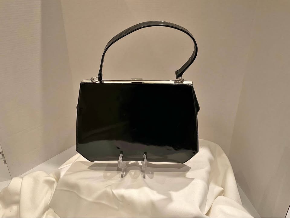 Vintage Black Patent Leather Top Handle Handbag 1940s-1950s