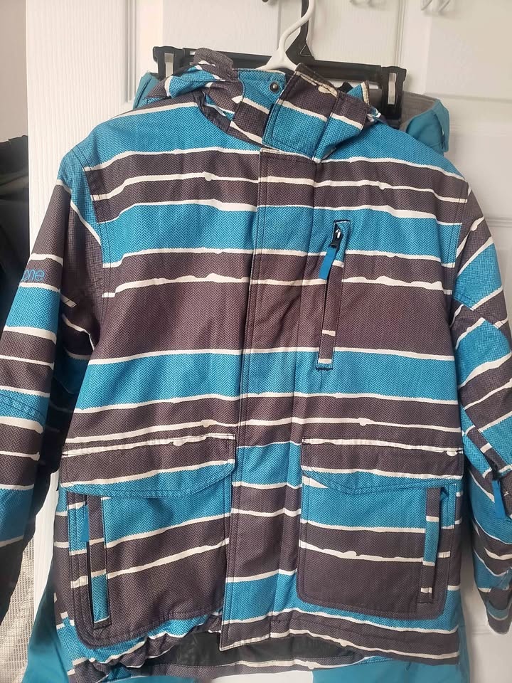 Ripzone Boys Ski/Snowboard Coat L/G Blue Striped w/ Hood