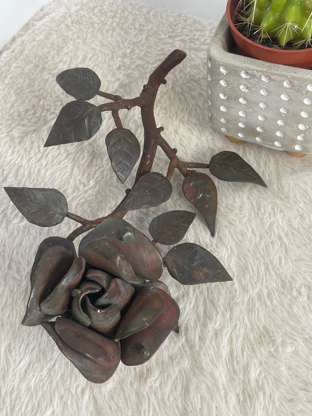 Vintage Cast Iron Brass Hand Forged Rose Stem Flower