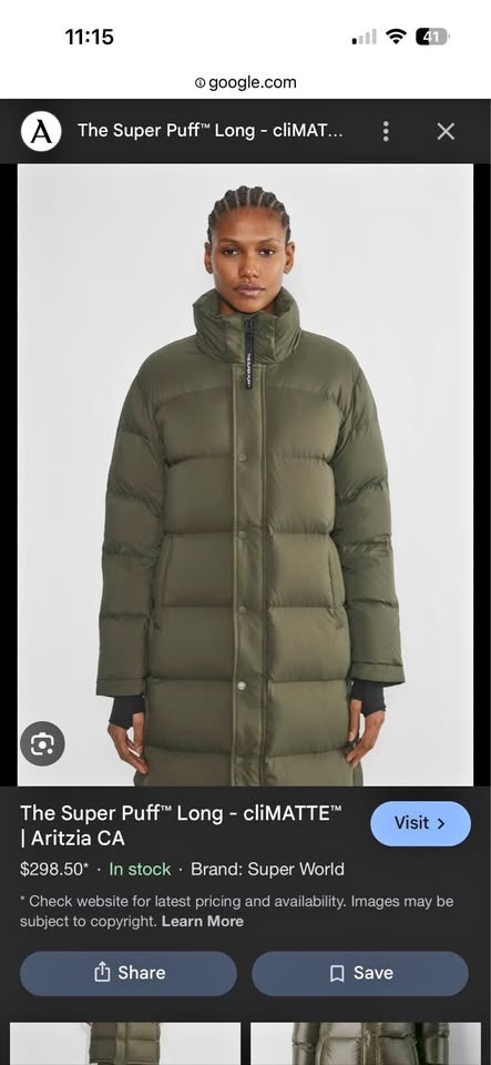 Aritzia Super Puff Dark Olive Long XS