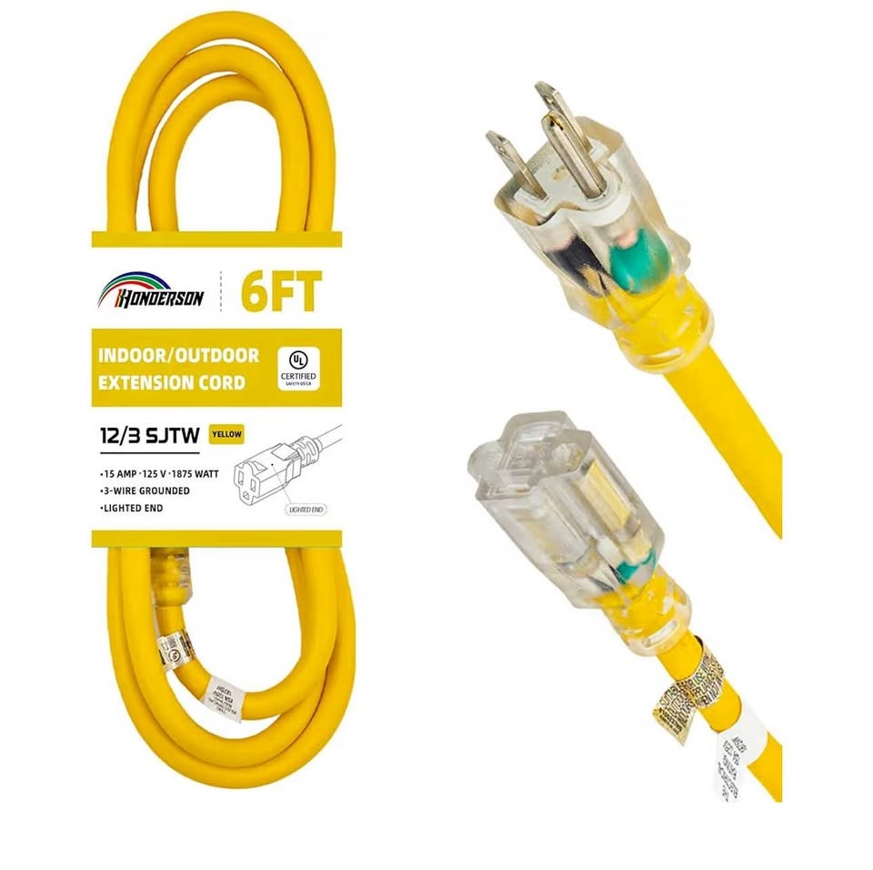 Indoor Outdoor Extension Cord Weatherproof, 12 Gauge 6FT Yellow