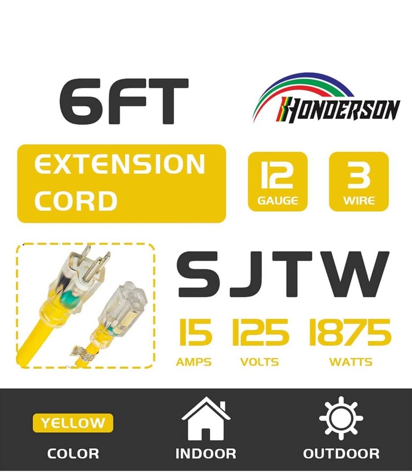 Indoor Outdoor Extension Cord Weatherproof, 12 Gauge 6FT Yellow - photo 2