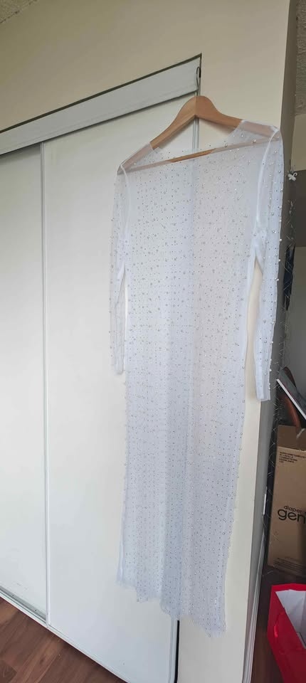 Pearl Mesh Dress Sheer Long Sleeve Beach Cover Up