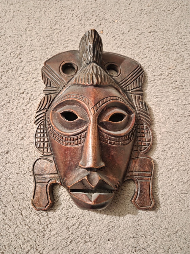 Vintage Hand-Carved African Wooden Tribal Mask, Horned Bird 10.5