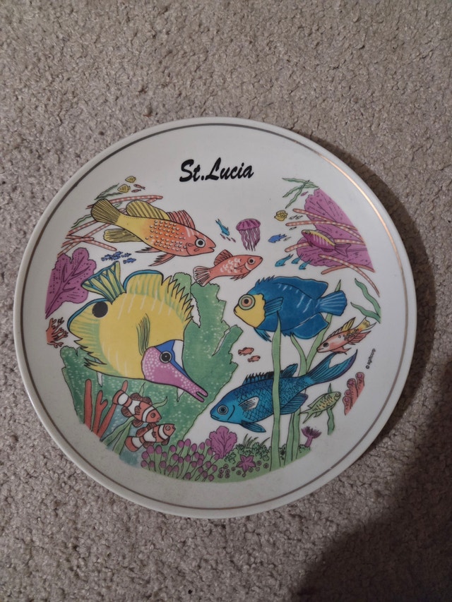 Vintage St. Lucia Floral Hand-Painted Ceramic Plate, 7.5"
