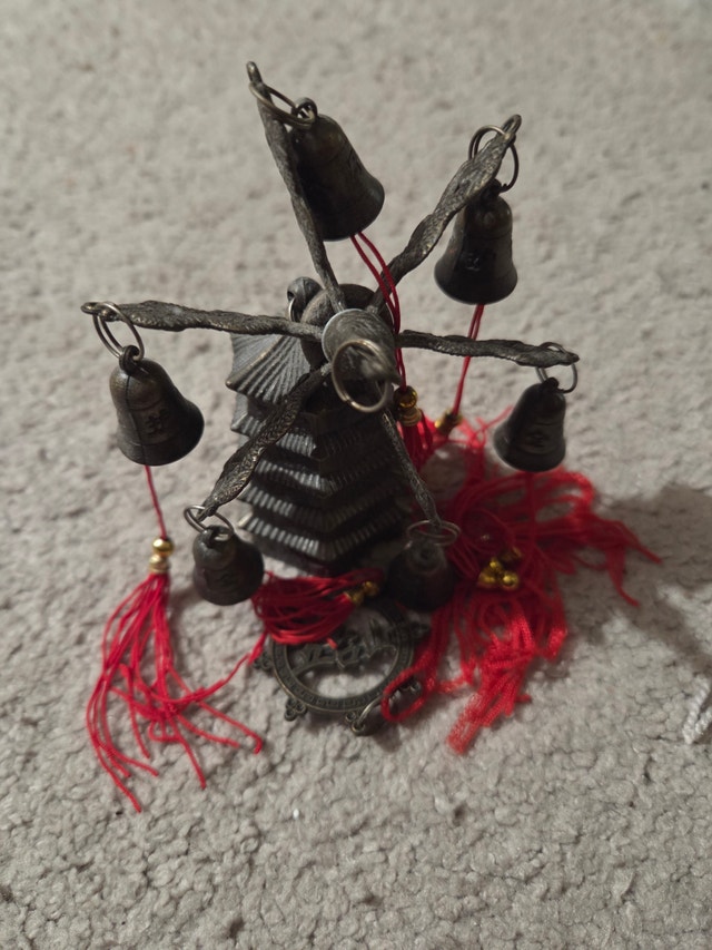 Vintage Chinese Pagoda Ornament With Bells & red Tassels, 4x4x4"