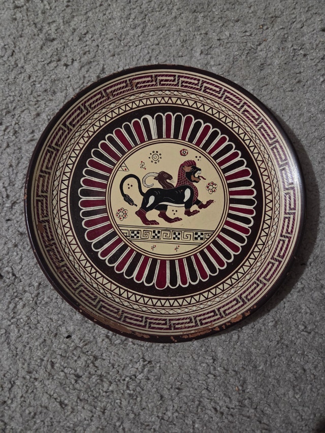 Vintage MCM Greek Pottery Plate, Hand-Painted Rhodian Motif 7"