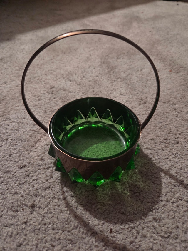 Vintage Depression Green Glass Candy Dish w/ Brass Handle, 4" D