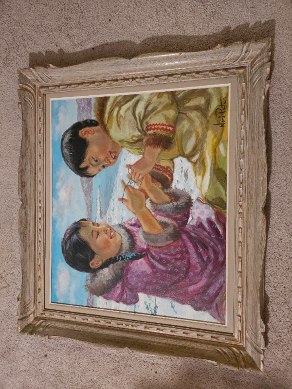 Nori Peter Eskimo Children Signed/Framed Oil Painting 30" x 26"