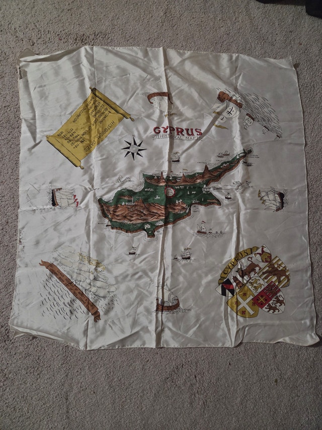 Vintage 1970s Silk Cyprus Historical Map Scarf
