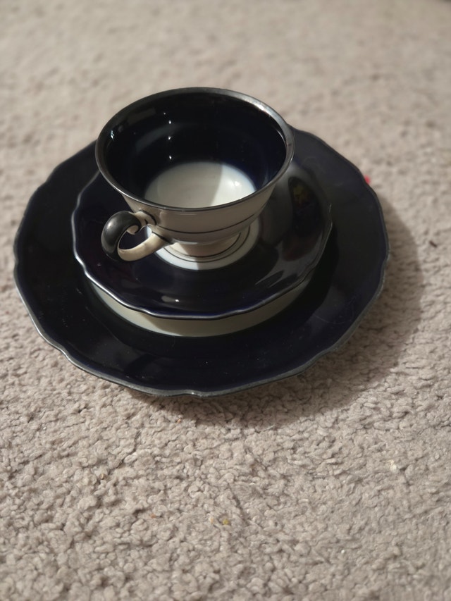 Vintage Rosenthal Thomas Black-Rim Demitasse Trio, Porcelain