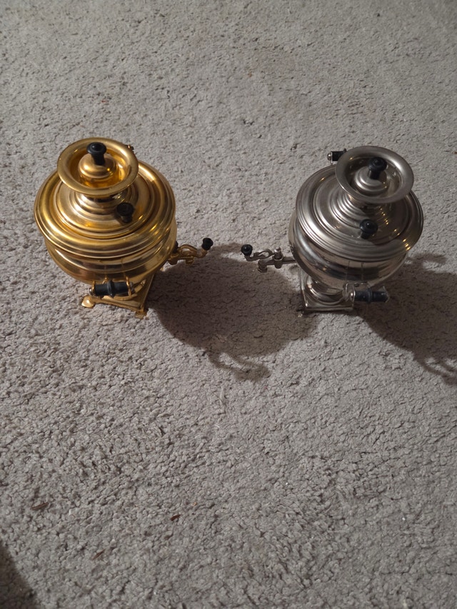 Rare Soviet Tula Coal Samovar Pair, Chrome + Gold Brass 5"