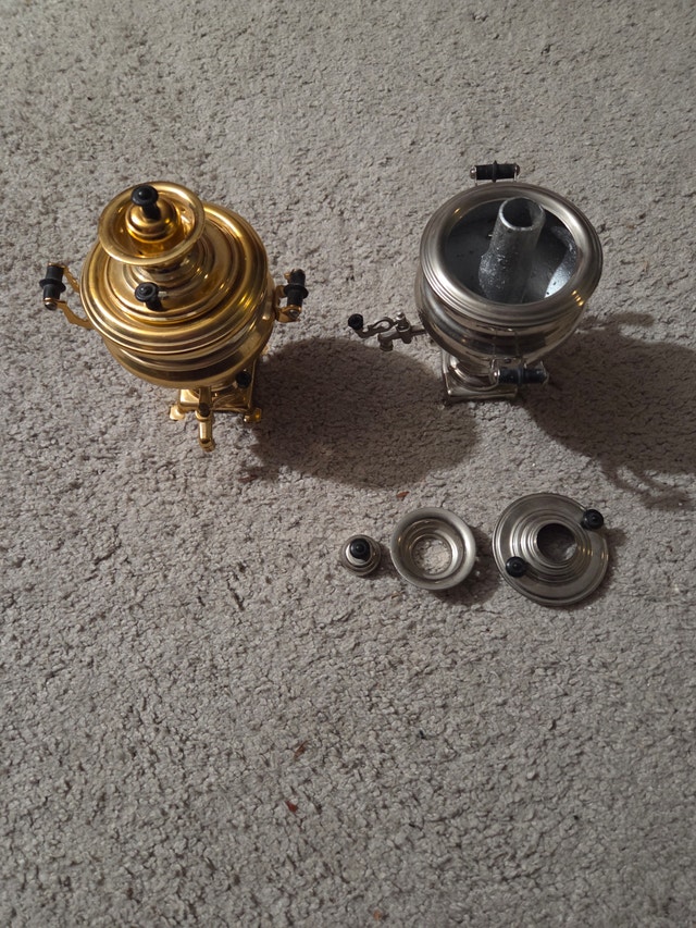 Rare Soviet Tula Coal Samovar Pair, Chrome + Gold Brass 5" - photo 2