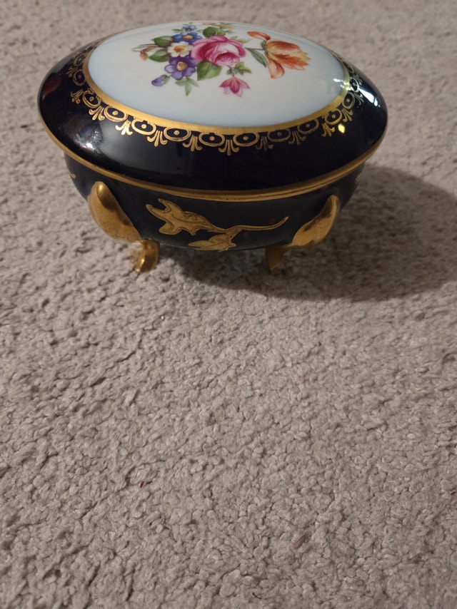 Large Vintage French Cobalt Blue & 22k Gold Egg Trinket Box, 3x5