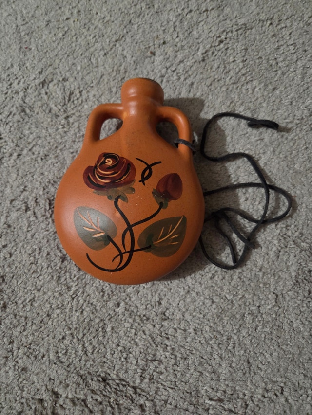 Vintage Mexican Terracotta Wine Jug - Hand-Painted Rose