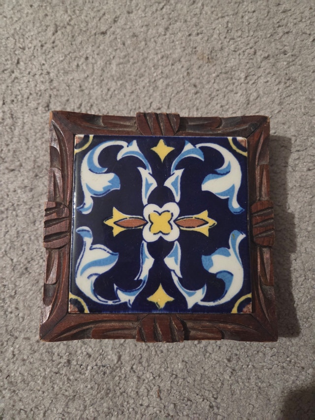 Vintage Mexican Tile Trivet, Hand-Carved Wood Frame, 5.5"