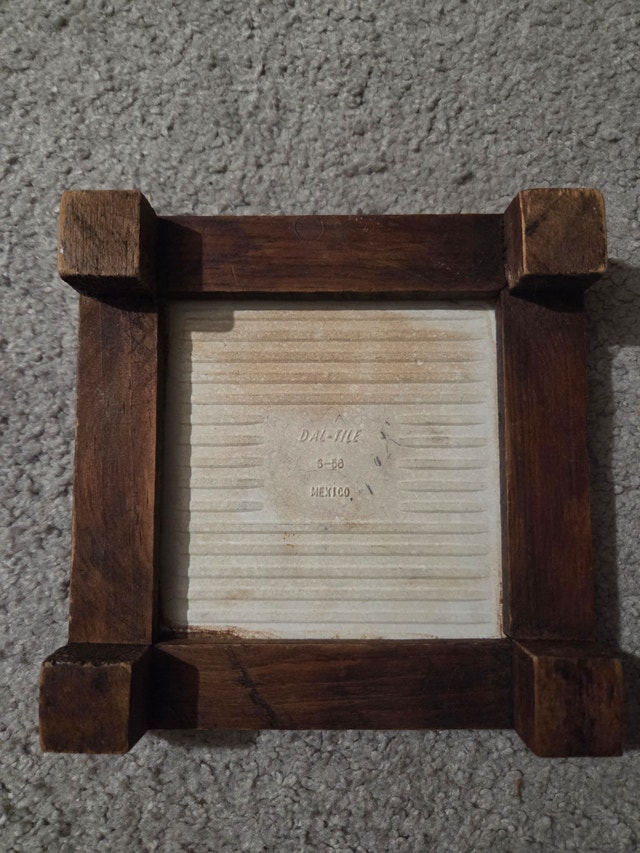 Vintage Mexican Tile Trivet, Hand-Carved Wood Frame, 5.5" - photo 2