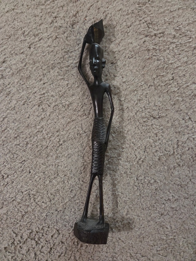 Vintage 10" Hand-Carved African Ebony Wood Figurine w/ Stone
