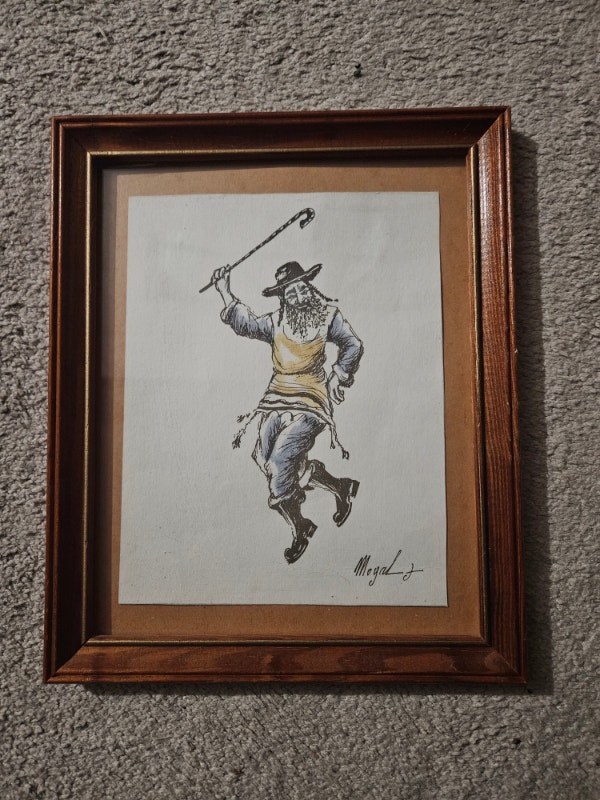 Vintage J Moyal Watercolor Painting Dancing Rabbi MCM 11x9.5