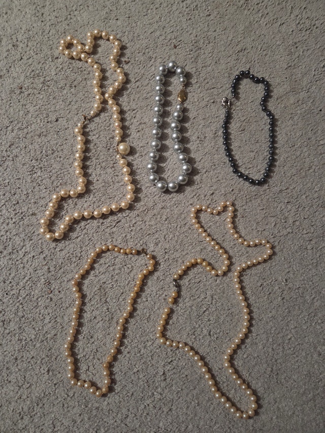 5 Vintage Costume Pearl Necklaces - Silver, Charcoal, Cream