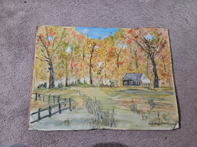 Vintage 1970s Amateur Landscape Painting 24x18, Retro Folk Art