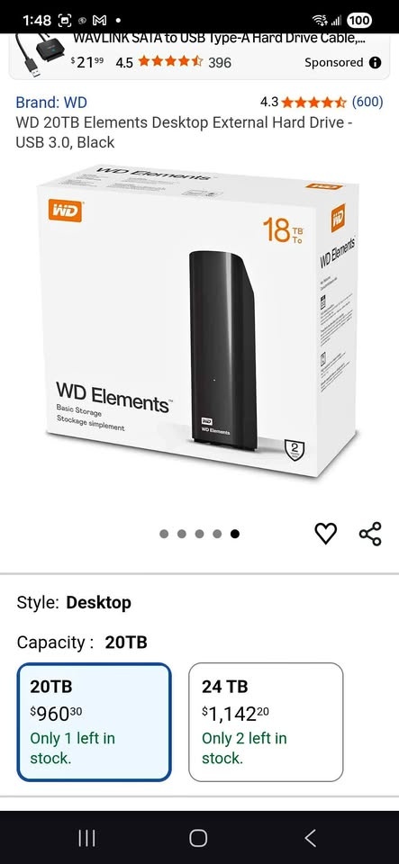 WD 20TB Elements Desktop External Hard Drive - USB 3.0, Black