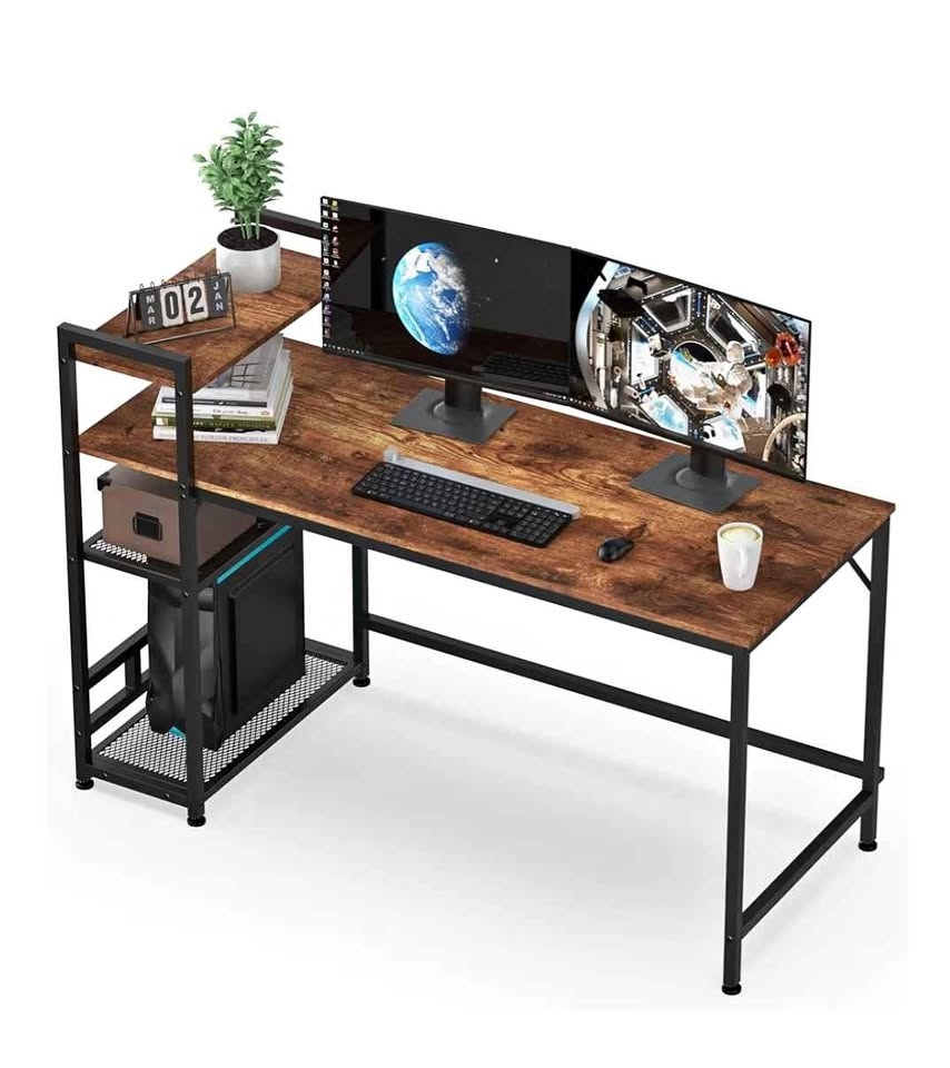 Computer Desk / Gaming Desk with Shelves - 55" Rustic Wood & Met