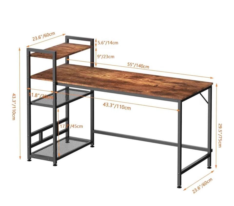Computer Desk / Gaming Desk with Shelves - 55" Rustic Wood & Met - photo 2