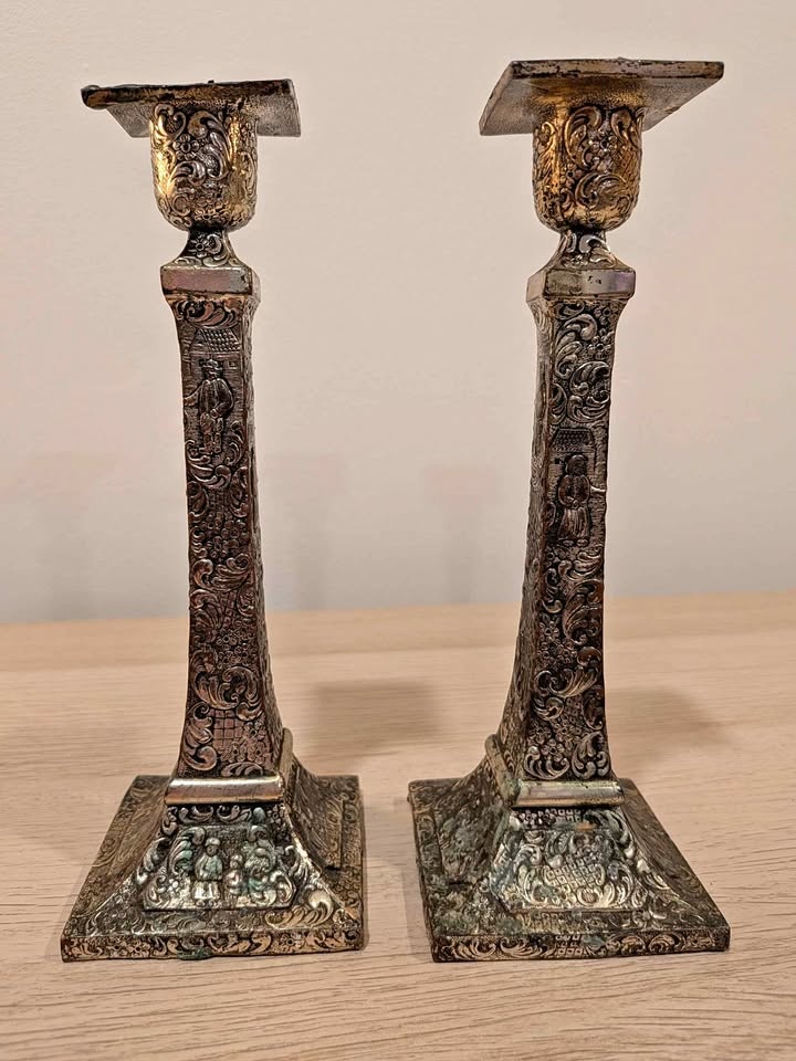 Vintage Silver Plated Candlesticks – Baroque Style Pair – $15