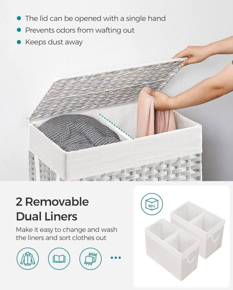 SONGMICS Laundry Hamper with Lid - 90L Double Basket - photo 5
