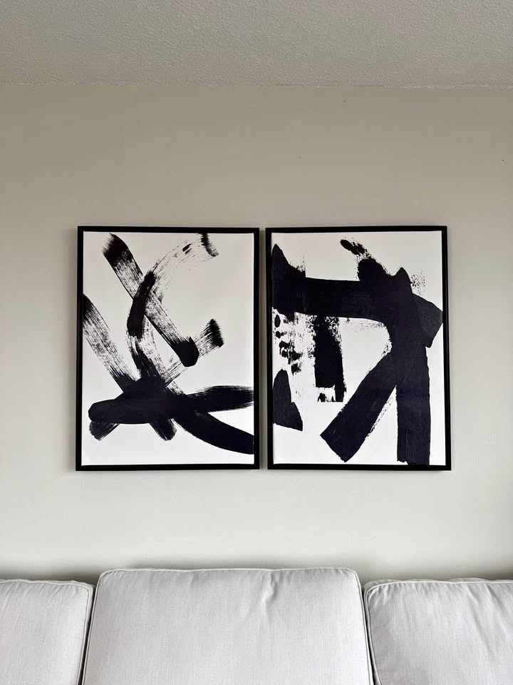 Black Brushstrokes 1 & 2 - Art by Linda Wood on Floater Frame